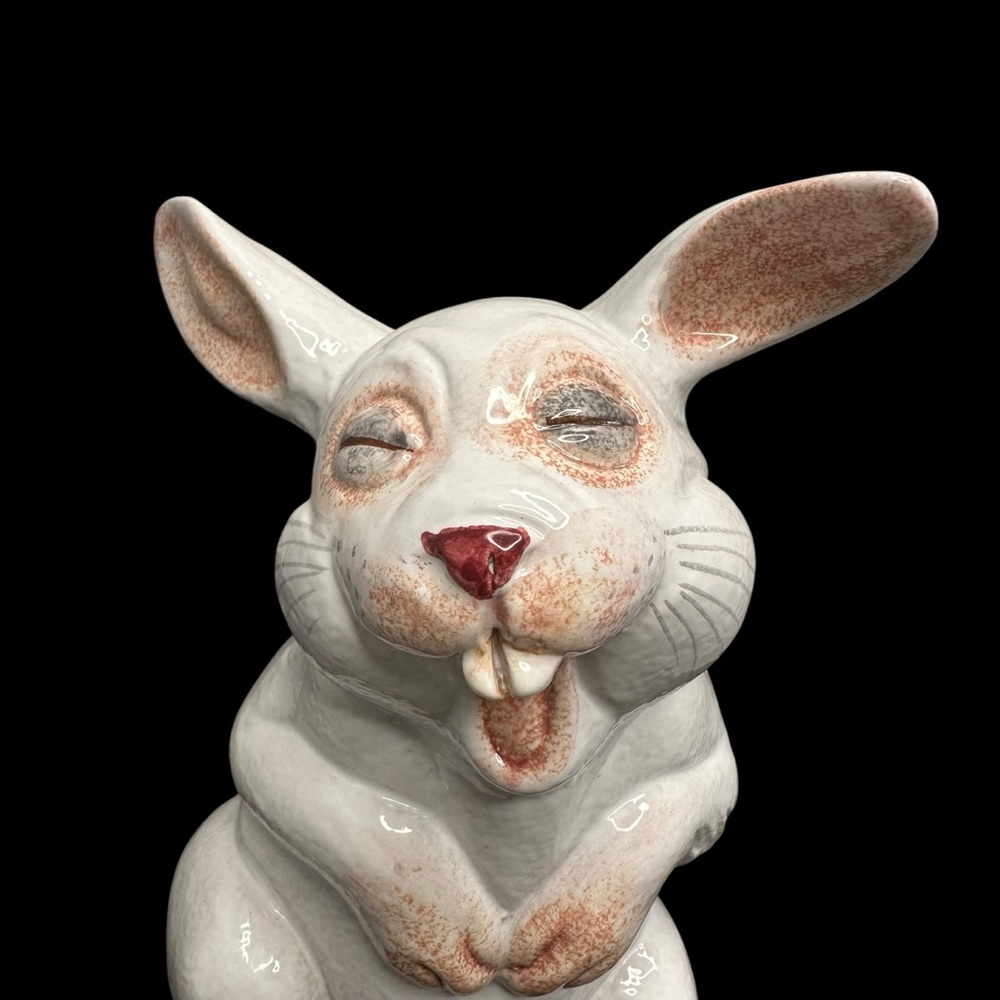 SOLD - Vintage Italy Terra Cotta Glazed Pottery Laughing Rabbit Figurine 10¼ - Picture 6 of 10